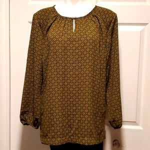 Joe Fresh Women's Printed Army Green Key Whole Long Sleeve Top - Size Large